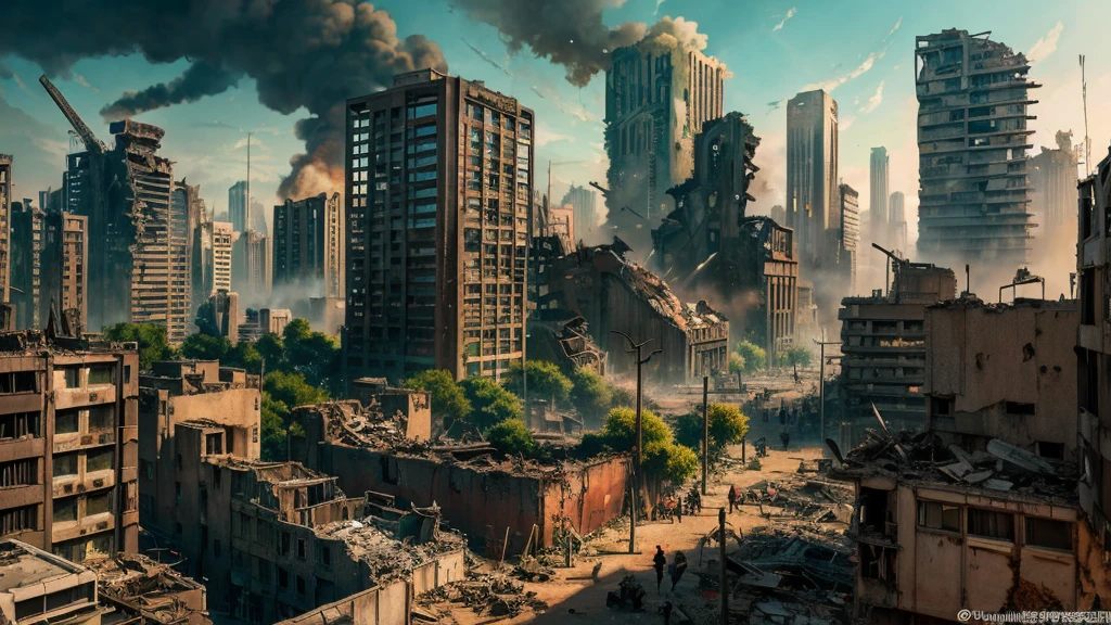 anime scene, attack on titan scenery, post apocalyptic tokyo, anime scenery concept art, anime background art, outdoors ruined cityscape, in a ruined cityscape, background is a city in ruins, ruined city in the background, ruined cityscape, city ruins background, an ancient city on fire, city ruins in the background, purple, dark, cyberscape
