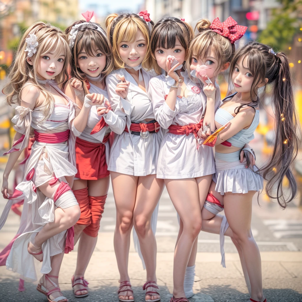 White and Red, ExtremelyDetailed(((GroupPhoto of KAWAII 5 Girls:1.4) (in White Fundoshi and Sarasi Bandage) at Hakata Gion Ymakasa)), {(Standing Full Body:1.2)|(from below:1.2)}, {Different types of hair colors|Braid Hair with bun|OKAPPA}, (Detailed KAWAII face, Detailed Radiant PearlSkin with Transparency), {FlowerHairpins | White Happi-Coat with Red Obi-Belt | FoldingFan |(Childish:1.2)|(Gigantic Cleavage:1.2)|(Underboob:1.2)|((Assfocus)Roundly TinyButts)}, (((Bare-Legs, No-Leg-Wear)))  BREAK  (Acutance:0.85), {Flowers | Downtown|BustlingStreet|(Passerby schoolgirls)| Lanterns | neon | Illuminations | Haze}, {(Dazzling Bullard ColorfulLights)|(Red clouds)}, MysticSight, {:p|:d|laugh|sparkle|joyful|delighted}, DuskSky with ((Dazzling RainbowColor Particles (BokeH))), SFW, 