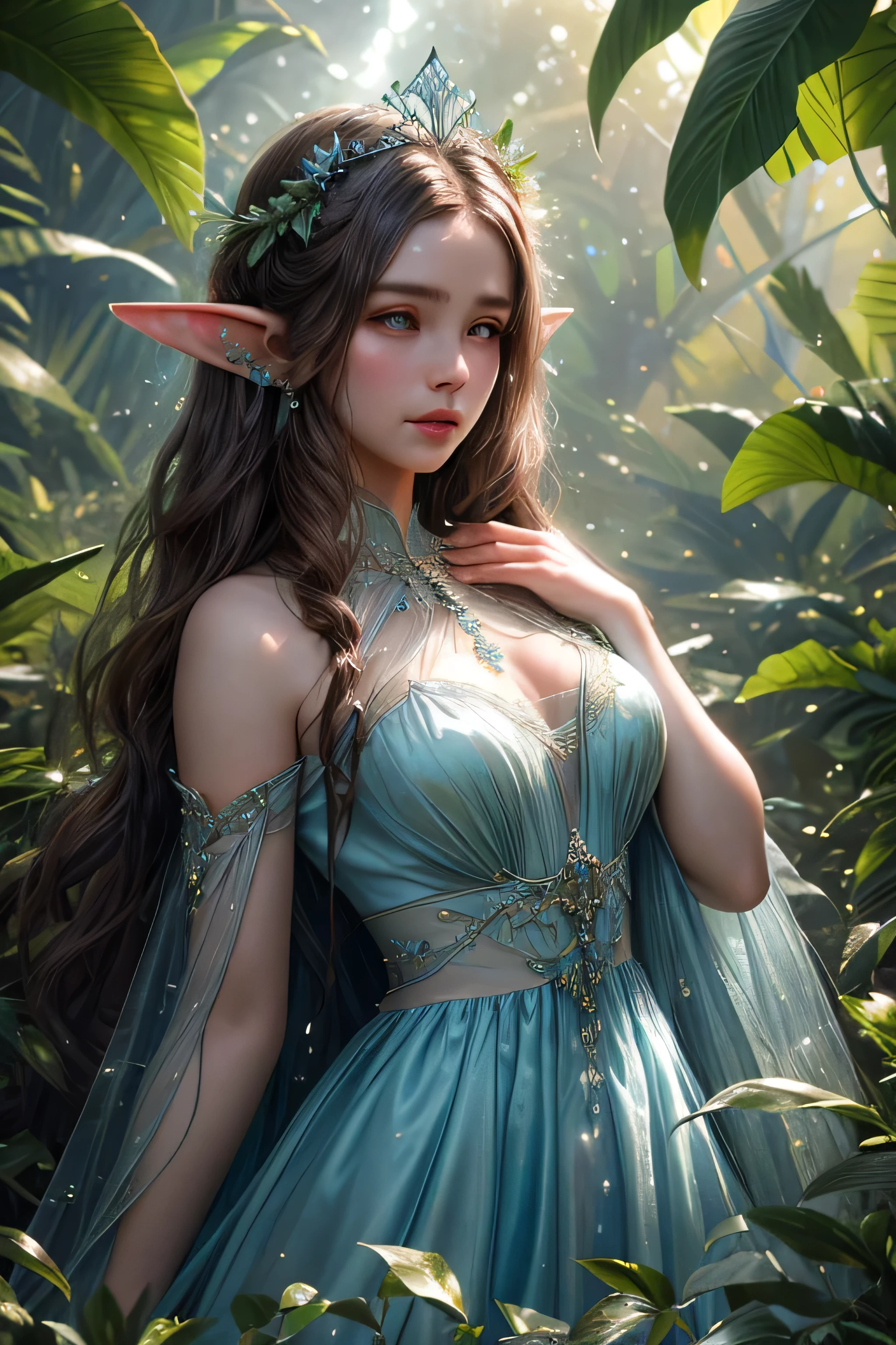 A fairy women wear long milk blue dress, beautiful face, beautiful eyes, long fairy ears, long brown hair, branch tiara, touching the glistening dewdrops hanging on the leaves with her finger, background fairy jungle that have neon glow plants, ray of light, morning vibes, high class fashion, a lot of detail, ornaments, cinematic lighting, close up shot 50mm, high angle, masterpiece, ultra detailed, hyper realistic, ultra hd, 8k
