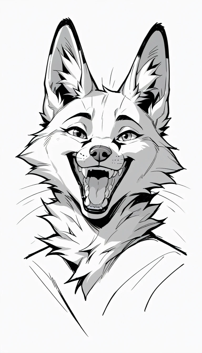 lineart drawing of furry fox mouth wide open with teeth close up line art
