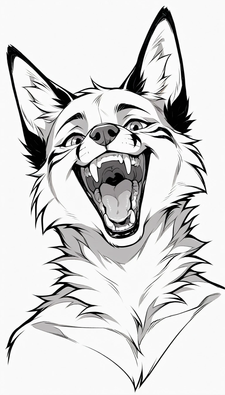 lineart drawing of furry fox mouth wide open with teeth close up line art
