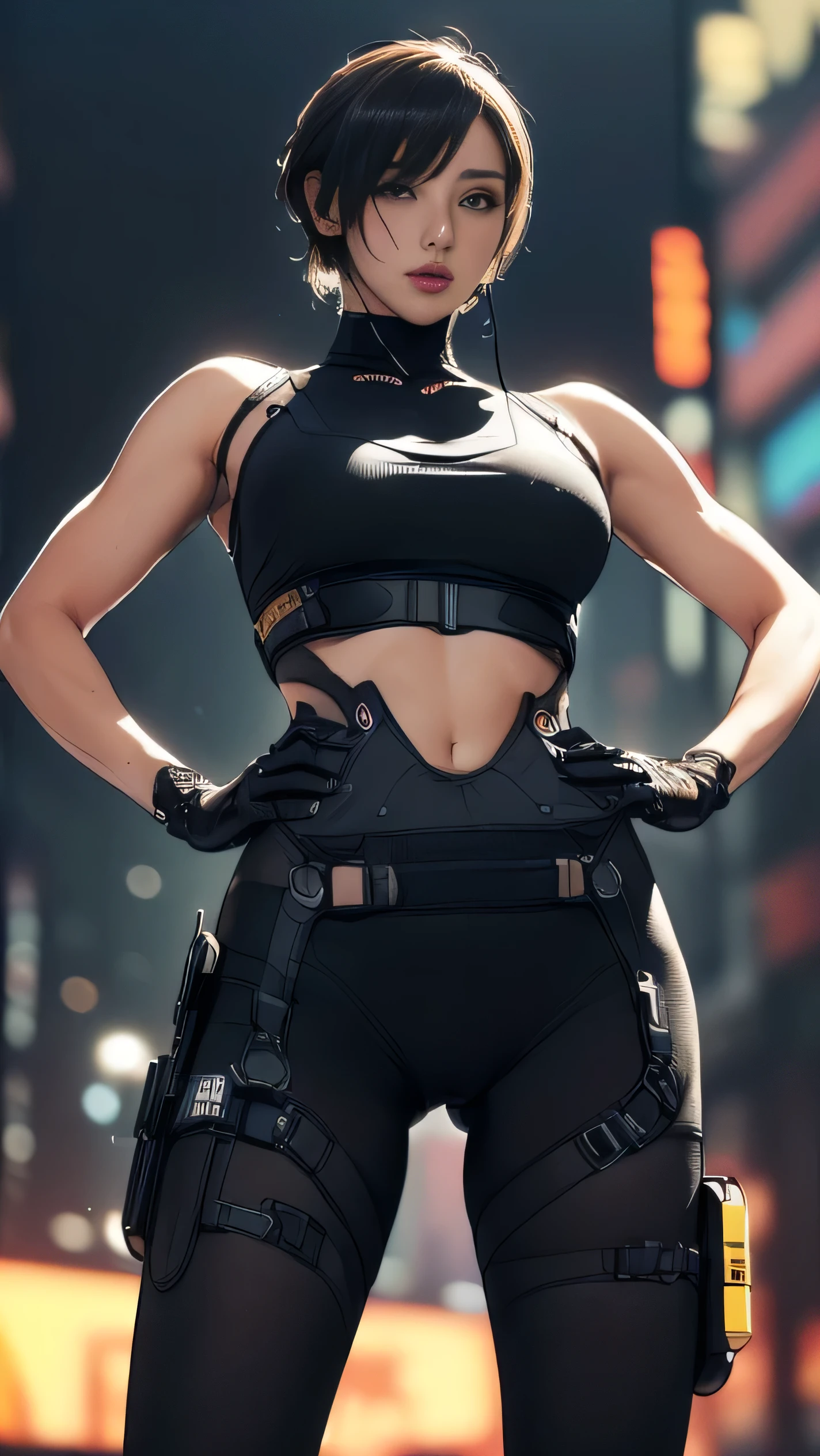 (A woman),(((Future female police officer standing))),((Black tactical tights:1.5)),((Camel toe:1.5)),((earphone:1.5)),((Tactical Holster:1.5)),(Gloves:1.5),(((Hands on Hips:1.5))),(front:1.5),(From below:1.2),(Super short hair:1.5),(bionde:1.5),(beautiful eyes:1.3),(Very detailedな顔:1.5),((Very detailed drawing of a female hand:1.5)),((muscular:1.5)),(Sexy look:1.5),((Thick thighs:1.5)),(Beautiful Body:1.5),((Very sensual:1.5)),(The backdrop is a futuristic city:1.5),(Cyberpunk atmosphere:1.5),(((Blurred Background:1.5))),(Written border depth:1.5),rest(((masterpiece:1.5),(best quality:1.5),(Very detailed:1.5),(high resolution:1.5),(Practical:1.5),(Practical:1.5),(Delicate depiction),(Carefully drawn))),8k,wallpaper
