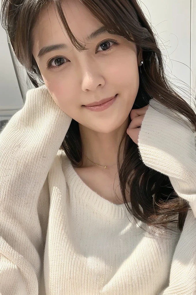 ((Highest quality)), ((masterpiece)), (detailed),Perfect Face,Japanese,Mature Woman,Upper Body,White sweater