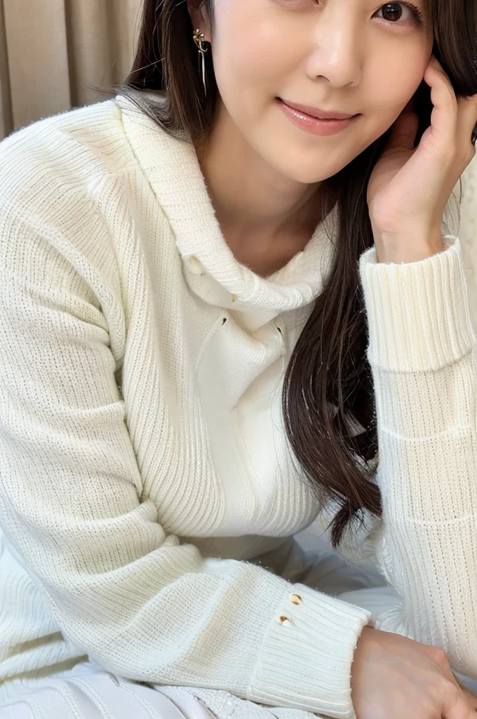 ((Highest quality)), ((masterpiece)), (detailed),Perfect Face,Japanese,Mature Woman,Upper Body,White sweater