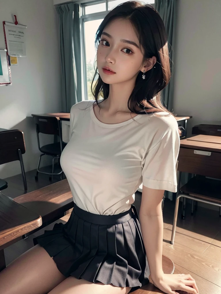 absurdres, RAW photo, extremely delicate and beautiful, masterpiece, Best Quality, ultra high resolution, 32k, hyperrealistic, ultra-detailed, perfect anatomy, super Detailed skin, perfect figure, Super Beauty, Perfect Style, Perfect balance, Beautiful Lighting, Perfect Lightning, Realistic Shadows, 20 years old, very Slim body, narrow waist, very small head, very small face, delicate facial features, handsome detailed woman, very detailed eyes and face, realistic face proportions, Realistic beautiful face, Realistic beautiful eyes, tearful mole, earring, very huge round breasts, medium hair, asymmetrical hair, (full body shot:1.2), indoor, short skirt, (school_uniform:1.2),