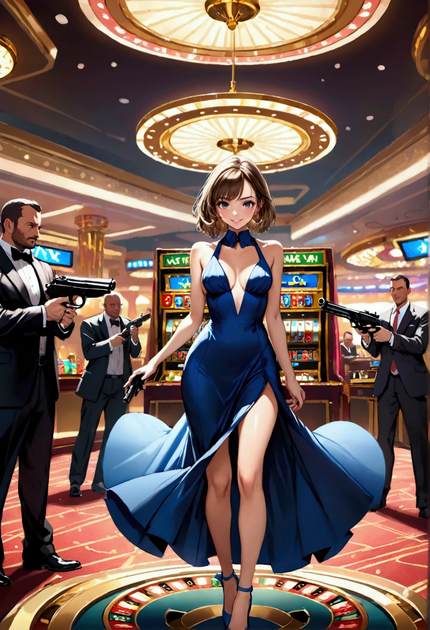 (Best quality:1.4), (ultra detailed:1.4), full body shot , ana de armas, smirk, smirk, sexy one piece semi long dress opened on chest, spy outfit,holding a gun and shooting at enemies,war set,highly detailed,photorealistic,intricate details,dramatic lighting,cinematic composition,vibrant colors,dynamic action pose, casino setup, lots of people around