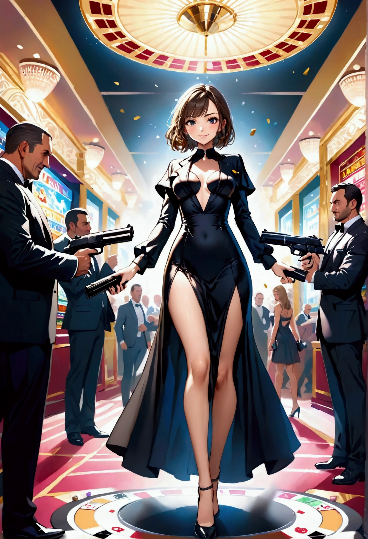 (Best quality:1.4), (ultra detailed:1.4), full body shot , ana de armas, smirk, smirk, sexy one piece semi long dress opened on chest, spy outfit,holding a gun and shooting at enemies,war set,highly detailed,photorealistic,intricate details,dramatic lighting,cinematic composition,vibrant colors,dynamic action pose, casino setup, lots of people around