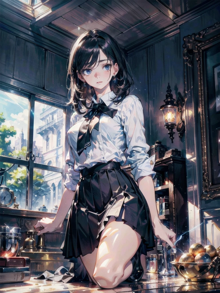 absurdres, RAW photo, extremely delicate and beautiful, masterpiece, Best Quality, ultra high resolution, 32k, hyperrealistic, ultra-detailed, perfect anatomy, super Detailed skin, perfect figure, Super Beauty, Perfect Style, Perfect balance, Beautiful Lighting, Perfect Lightning, Realistic Shadows, 20 years old, very Slim body, narrow waist, very small head, very small face, delicate facial features, handsome detailed woman, very detailed eyes and face, realistic face proportions, Realistic beautiful face, Realistic beautiful eyes, tearful mole, earring, very huge round breasts, medium hair, asymmetrical hair, full body shot, indoor, short skirt, school_uniform,