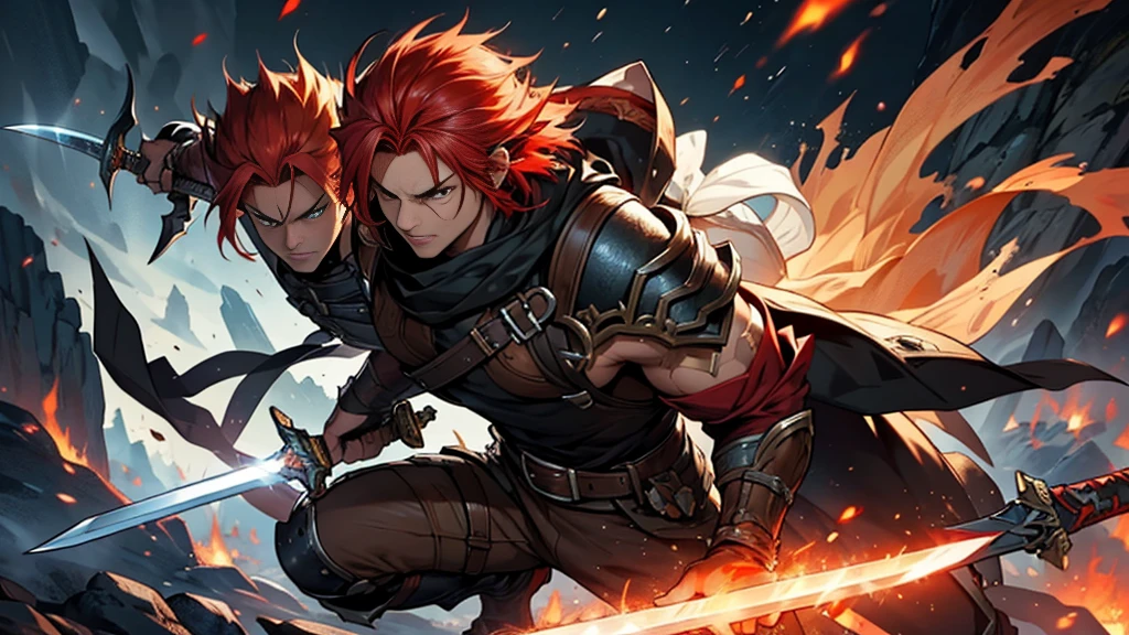 Damaged hair from fire,1 man, red hair, honey colored Eyes, Serious expression, Monster Hunter Style, fantasy sword on right hand, sword on left hand, rowdy, handsome, high details, full body art