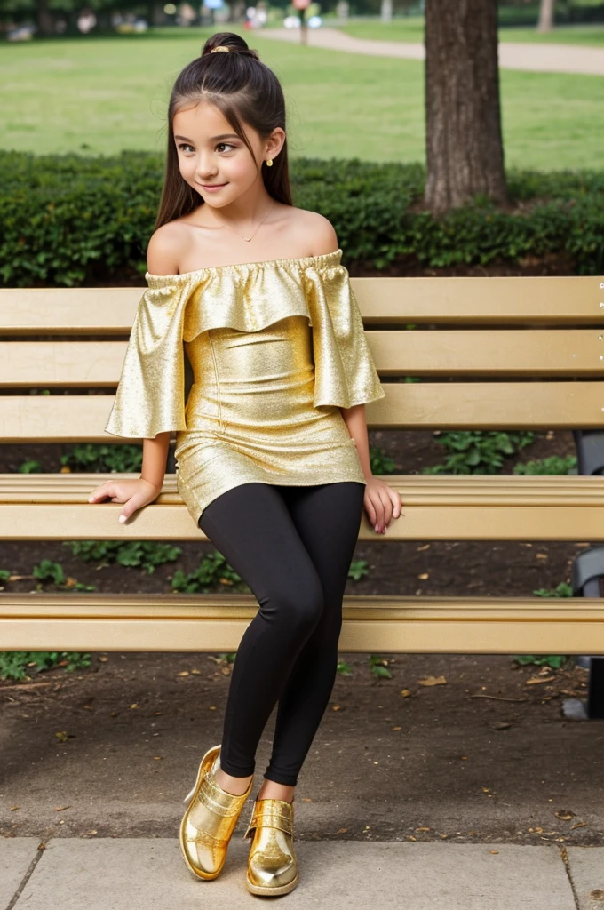 ten girl wearing a ((fitted gold off-the-shoulder dress)), and black leggings siting on a park bench ((head to toe view))((full body view))