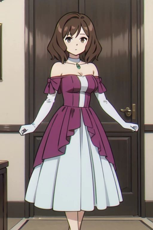 (((Best quality))),((Ultra-detailed)),((illustration)),((Disheveled hair)),((frilld)),(1 girl),(Solo) 1girl,book,bookshelf,collarbone,dress,elbow gloves,flower,gloves,indoors,jewelry,looking at viewer,medium breasts,necklace,short hair,solo,wedding dress,pink dress,full body, brown eyes,brown hair,rating:safe,