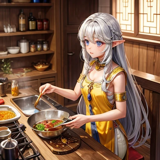 Making curry at a fantasy curry restaurant Brown skinned elf Silver long hair