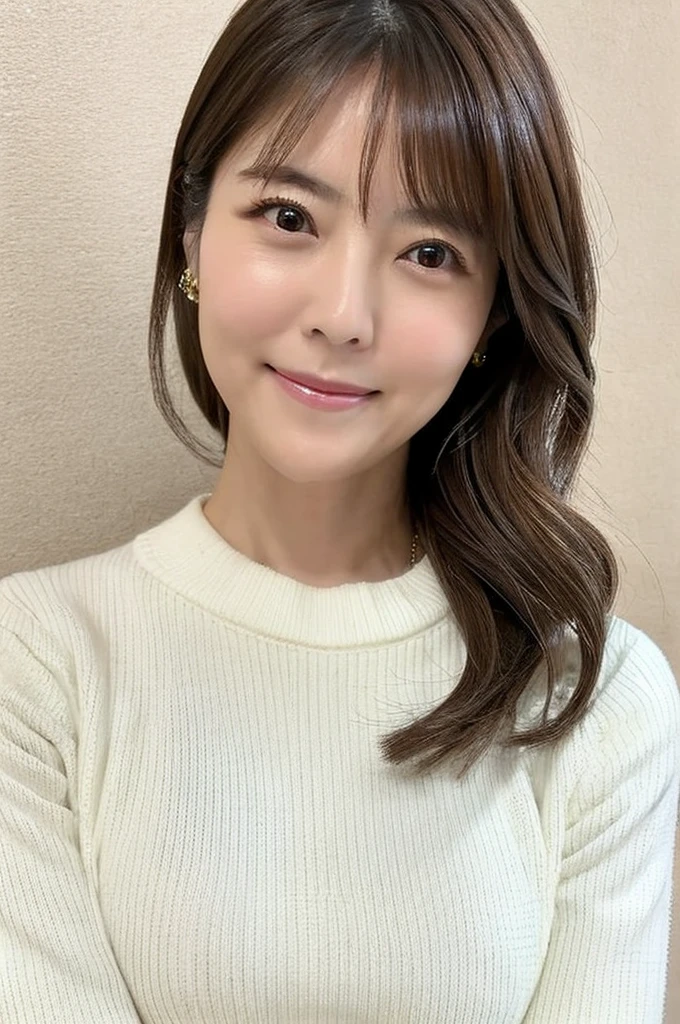 ((Highest quality)), ((masterpiece)), (detailed),Perfect Face,Japanese,Mature Woman,Upper Body,White sweater