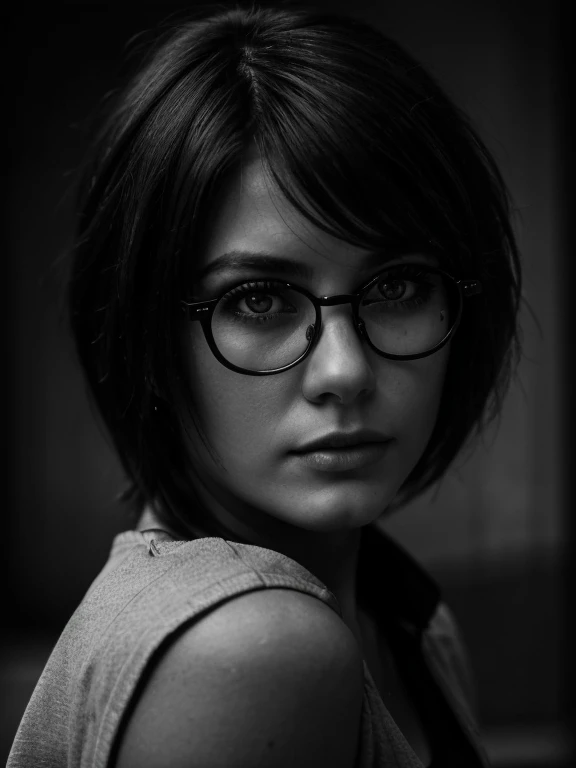 Raw monochrome photo, subject, (very detailed skin:1.2), contract for 8 thousand., SLR camera, soft lighting, high quality, detailing, Fujifilm XT3 monochrome film, masterpiece,Best quality,Ultra detailed,masterpiece, Photography for documents,1 girl 22 years old with aesthetic small breasts, upper body,,(((hairstyle))), very tousled dark brown tousled hair, тёмно-Brown eyes, Glasses, Black jacket,clear sharp focus, twilight, ambient light of a photo studio,Shadow on the face, reflection in Glasses lenses, eye reflection, detailed eyes,Brown eyes,beautiful eyes,detailed face,Real leather,chiaroscuro, (high contrast):1.2, Dramatic shadows, Bold text, moody atmosphere,  Thrilling Intensity,  expressive writing style, Black and white photography 