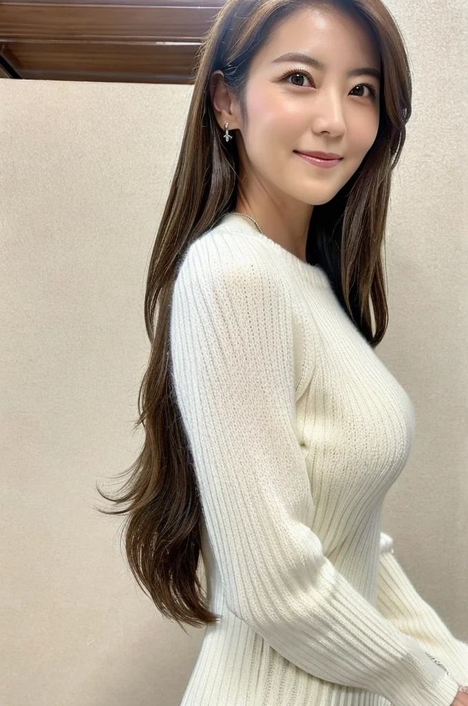 ((Highest quality)), ((masterpiece)), (detailed),Perfect Face,Japanese,Mature Woman,Upper Body,White sweater