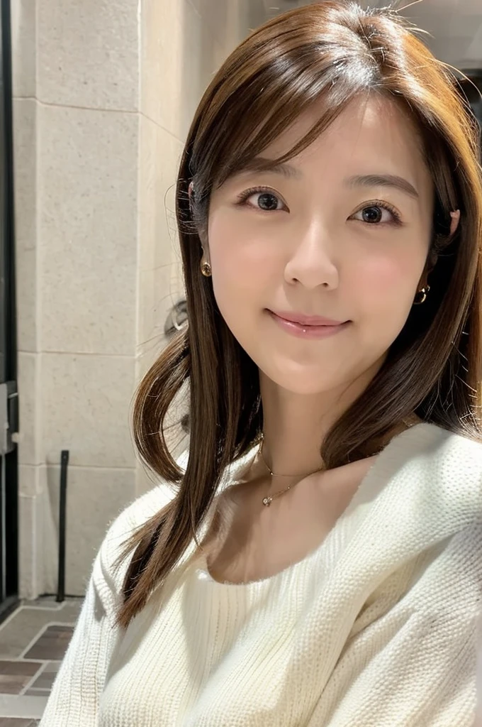 ((Highest quality)), ((masterpiece)), (detailed),Perfect Face,Japanese,Mature Woman,Upper Body,White sweater