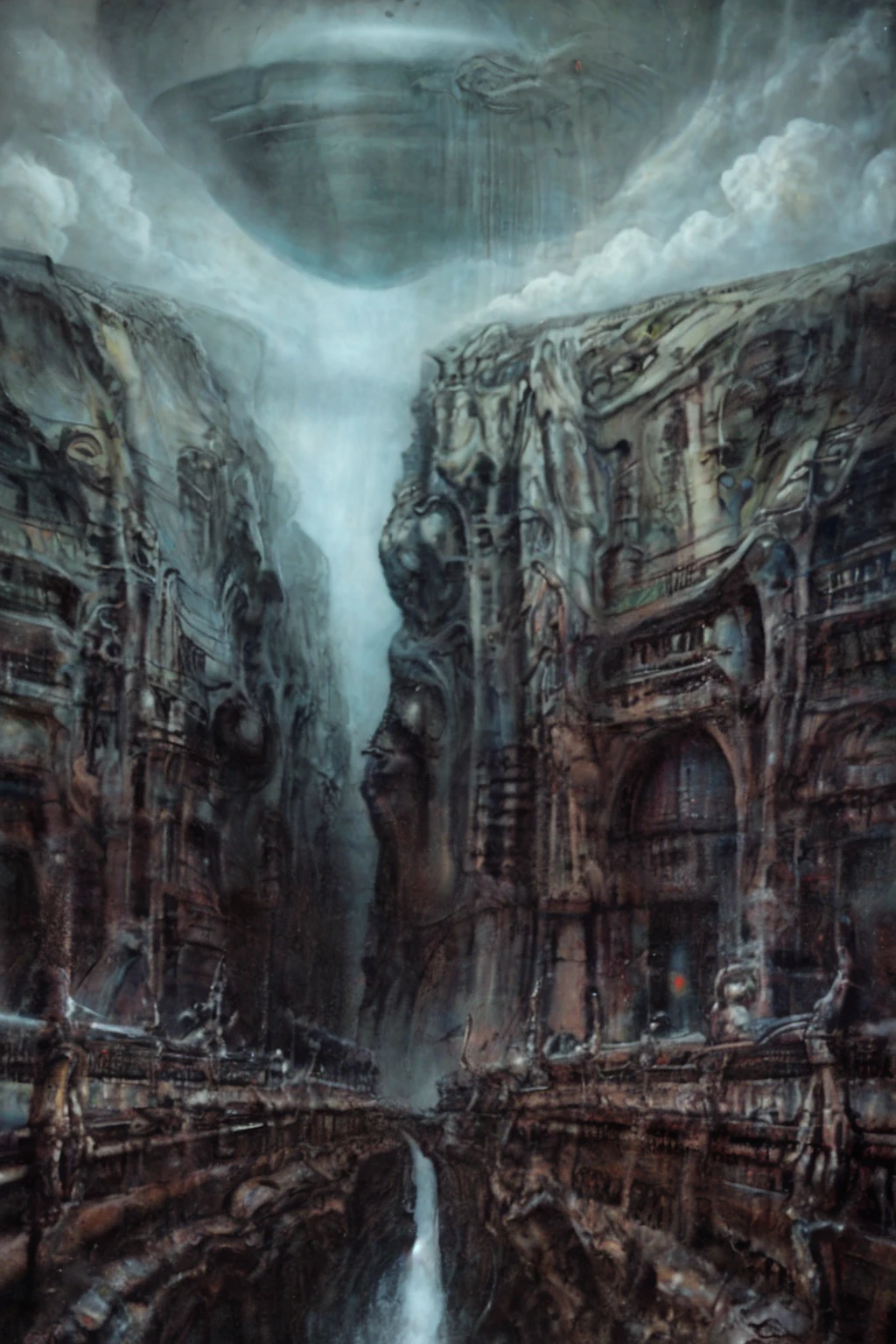 xgiger, The image is a detailed view of H.R. Giger's biomechanical tableau \" LANDSCAPE No 312 \" plate, featuring  a futuristic city with towering, intricate architecture, a river, and a sky. It's
a complex, intricate, and detailed design of endless Machine in the transit space over the cascade of fallen water, that appears to be a fusion of organic and mechanical elements, with a focus on the interplay between the two.The piece is a tableau, most likely created with a India ink pen or pencil on paper, determined by the thin lines, shading techniques, and the texture of the paper, which is visible around the edges.
Used is pen, given the shading and variations in line weight visible in the image. Artist have used a variety of stylus with different degrees of hardness to achieve the shading effects.
 The use of undersaturated green-grays dark contrasts creates a stark and graphic look. Is used a variety of linework techniques to create different textures. Fine, parallel lines create a smooth, metallic texture,while thicker, more cursive lines suggest cables or wires.
Light source from the top highlights skeletals, pper part of foreground, lower part of image is in shadowupper part of foreground, lower part of image is in shadow.
The art performance showcases the artist’s skills in observation and rendering. The level of detail in the piece suggests a close study of real bone specimens and mechanics. The artist has skillfully used shading techniques to create a convincing illusion of three-dimensionality on a flat surface. The wrinkles and cracks in the surface, and the cast shadows with accuracy, used shading techniques to create a realistic depiction of light and shadow on the objects. This creates a sense of depth and dimension in the image. The artist has used careful linework to depict the contours and textures in the piece
Sharp focus on foreground elements illustration. Deep and delicate DOF. Big painting. Stored in Louvre masterpiece, ooze soaked pajama top
