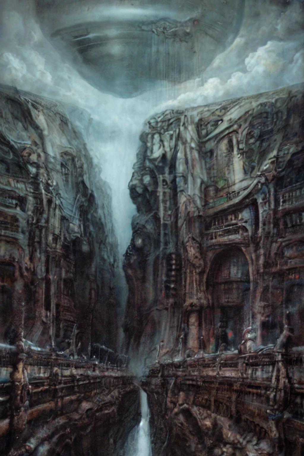 xgiger, The image is a detailed view of H.R. Giger's biomechanical tableau \" LANDSCAPE No 312 \" plate, featuring  a futuristic city with towering, intricate architecture, a river, and a sky. It's
a complex, intricate, and detailed design of endless Machine in the transit space over the cascade of fallen water, that appears to be a fusion of organic and mechanical elements, with a focus on the interplay between the two.The piece is a tableau, most likely created with a India ink pen or pencil on paper, determined by the thin lines, shading techniques, and the texture of the paper, which is visible around the edges.
Used is pen, given the shading and variations in line weight visible in the image. Artist have used a variety of stylus with different degrees of hardness to achieve the shading effects.
 The use of undersaturated green-grays dark contrasts creates a stark and graphic look. Is used a variety of linework techniques to create different textures. Fine, parallel lines create a smooth, metallic texture,while thicker, more cursive lines suggest cables or wires.
Light source from the top highlights skeletals, pper part of foreground, lower part of image is in shadowupper part of foreground, lower part of image is in shadow.
The art performance showcases the artist’s skills in observation and rendering. The level of detail in the piece suggests a close study of real bone specimens and mechanics. The artist has skillfully used shading techniques to create a convincing illusion of three-dimensionality on a flat surface. The wrinkles and cracks in the surface, and the cast shadows with accuracy, used shading techniques to create a realistic depiction of light and shadow on the objects. This creates a sense of depth and dimension in the image. The artist has used careful linework to depict the contours and textures in the piece
Sharp focus on foreground elements illustration. Deep and delicate DOF. Big painting. Stored in Louvre masterpiece, ooze soaked pajama top
