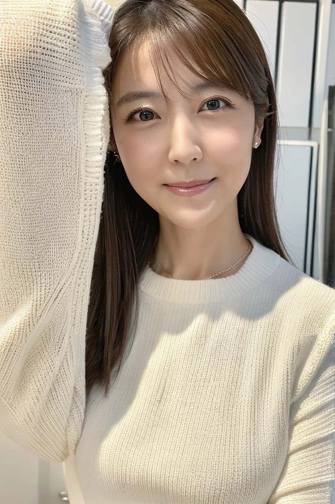 ((Highest quality)), ((masterpiece)), (detailed),Perfect Face,Japanese,Mature Woman,Upper Body,White sweater