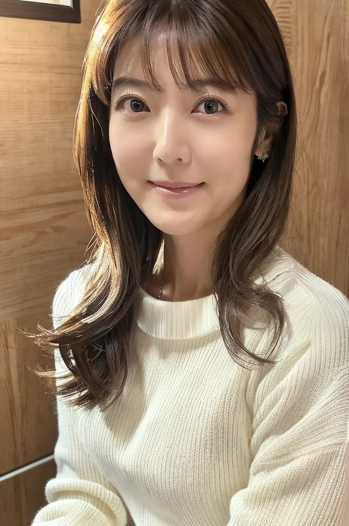 ((Highest quality)), ((masterpiece)), (detailed),Perfect Face,Japanese,Mature Woman,Upper Body,White sweater