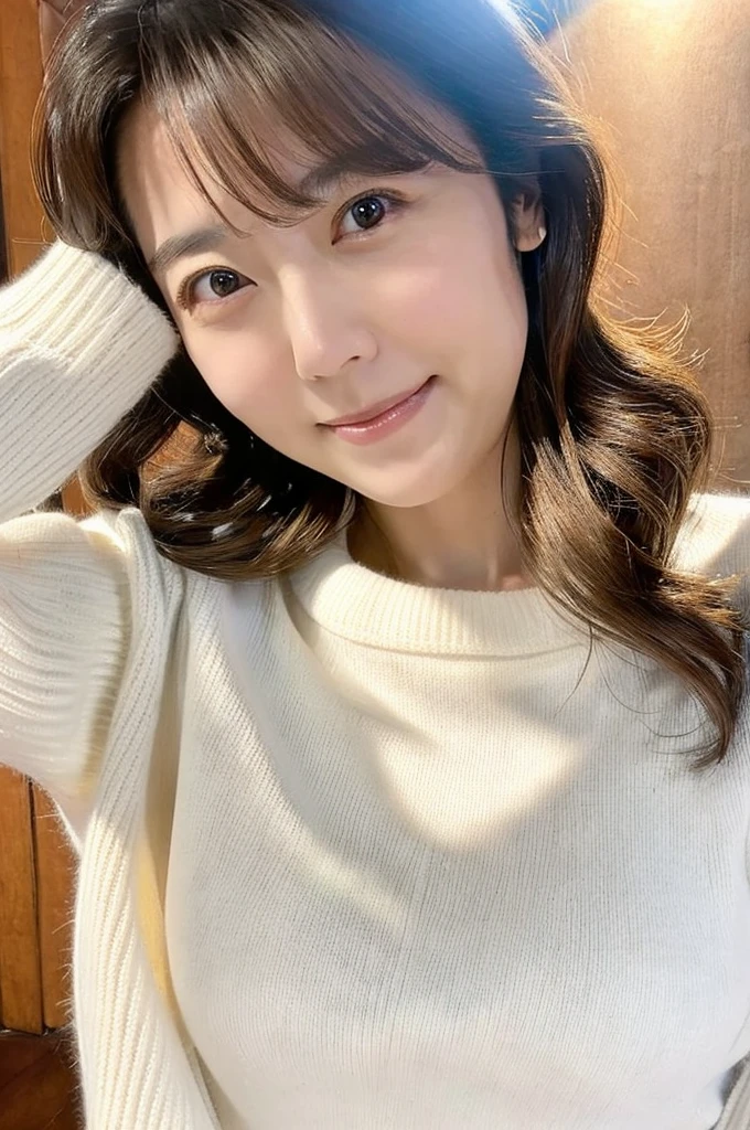 ((Highest quality)), ((masterpiece)), (detailed),Perfect Face,Japanese,Mature Woman,Upper Body,White sweater