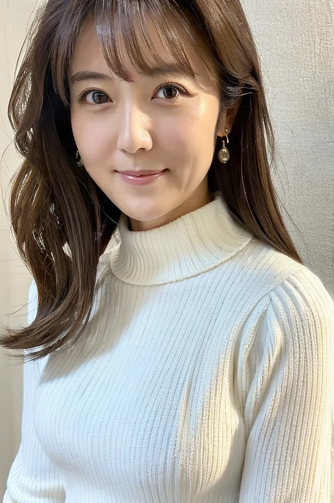 ((Highest quality)), ((masterpiece)), (detailed),Perfect Face,Japanese,Mature Woman,Upper Body,White sweater