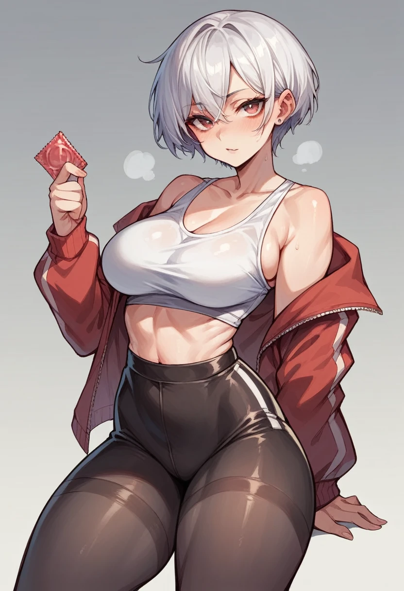 A sexy girl with short white hair and a curvy body wearing leggings holding a condom