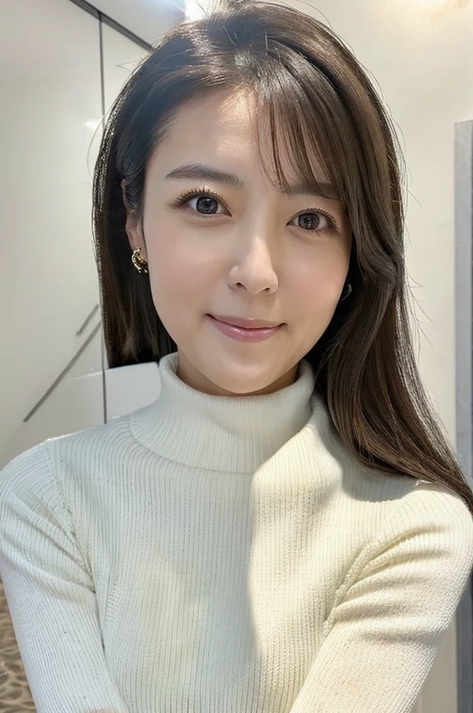 ((Highest quality)), ((masterpiece)), (detailed),Perfect Face,Japanese,Mature Woman,Upper Body,White sweater