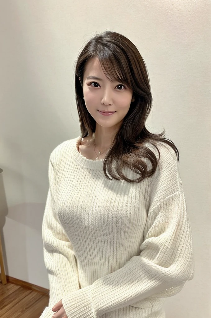 ((Highest quality)), ((masterpiece)), (detailed),Perfect Face,Japanese,Mature Woman,Upper Body,White sweater
