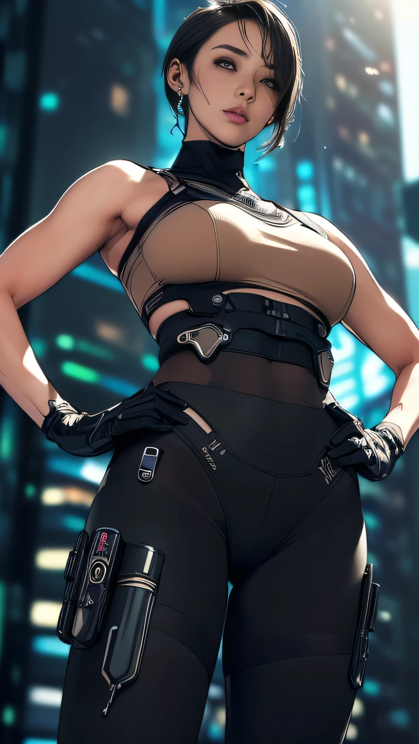 (A woman),(((Future female police officer standing))),((Black tactical tights:1.5)),((Camel toe:1.5)),((earphone:1.5)),((Tactical Holster:1.5)),(Gloves:1.5),(((Hands on Hips:1.5))),(front:1.5),(From below:1.2),(Super short hair:1.5),(bionde:1.5),(beautiful eyes:1.3),(Very detailedな顔:1.5),((Very detailed drawing of a female hand:1.5)),((muscular:1.5)),(Sexy look:1.5),((Thick thighs:1.5)),(Beautiful Body:1.5),((Very sensual:1.5)),(The backdrop is a futuristic city:1.5),(Cyberpunk atmosphere:1.5),(((Blurred Background:1.5))),(Written border depth:1.5),rest(((masterpiece:1.5),(best quality:1.5),(Very detailed:1.5),(high resolution:1.5),(Practical:1.5),(Practical:1.5),(Delicate depiction),(Carefully drawn))),8k,wallpaper