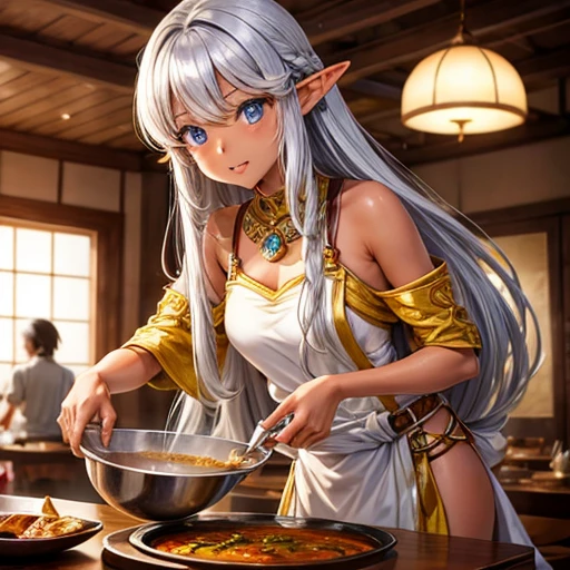 Making curry at a fantasy curry restaurant Brown skinned elf Silver long hair