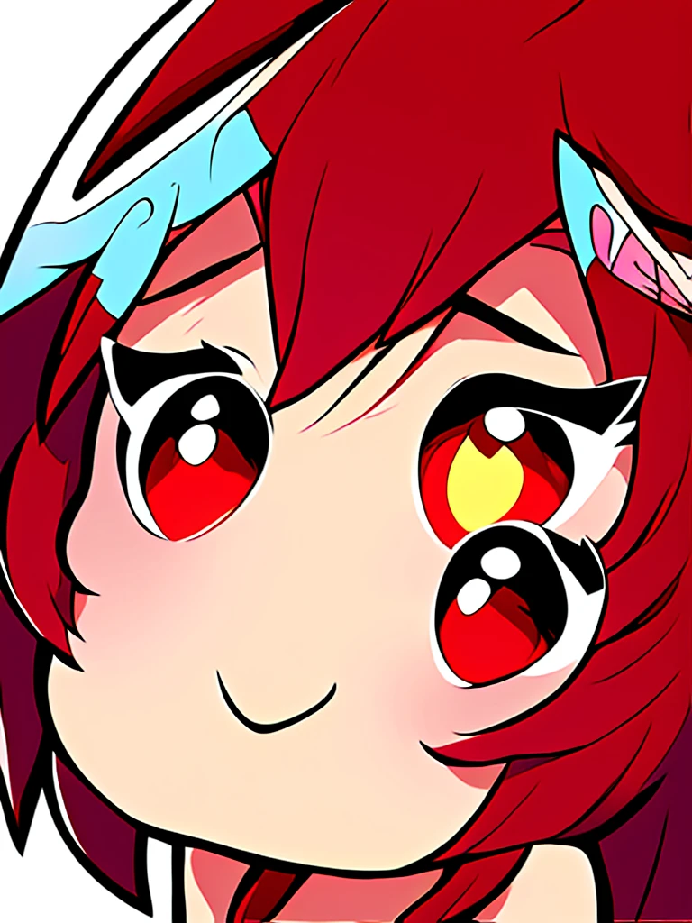 {{{anime style}}}, (((high quality, masterpiece))), chibi style, emote twitch a girl, solo, ((( long ruby red hair))), (((eyes red and gold))).
