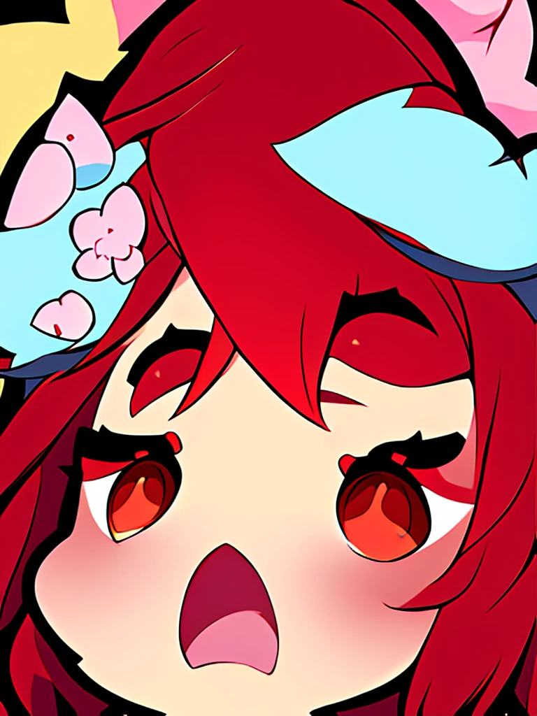 {{{anime style}}}, (((high quality, masterpiece))), chibi style, emote twitch a girl, solo, ((( long ruby red hair))), (((eyes red and gold))).
