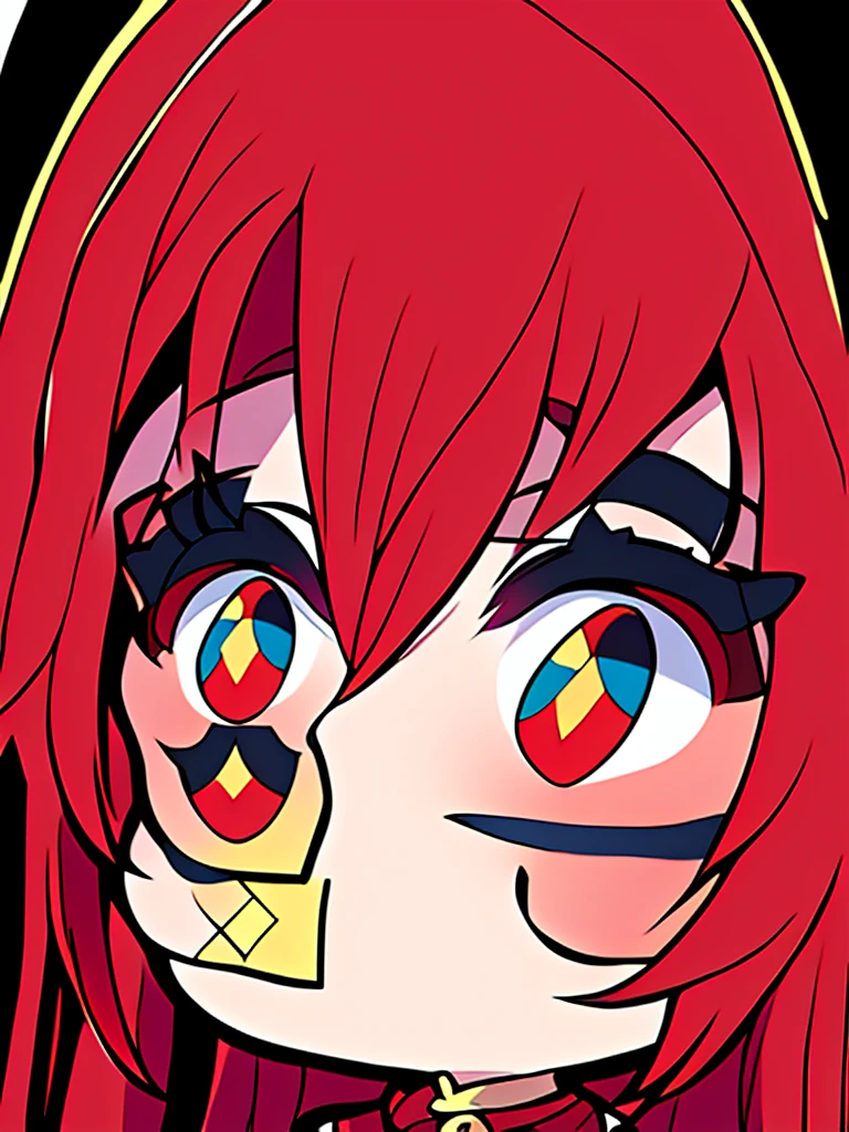 {{{anime style}}}, (((high quality, masterpiece))), chibi style, emote twitch a girl, solo, ((( long ruby red hair))), (((eyes red and gold))).
