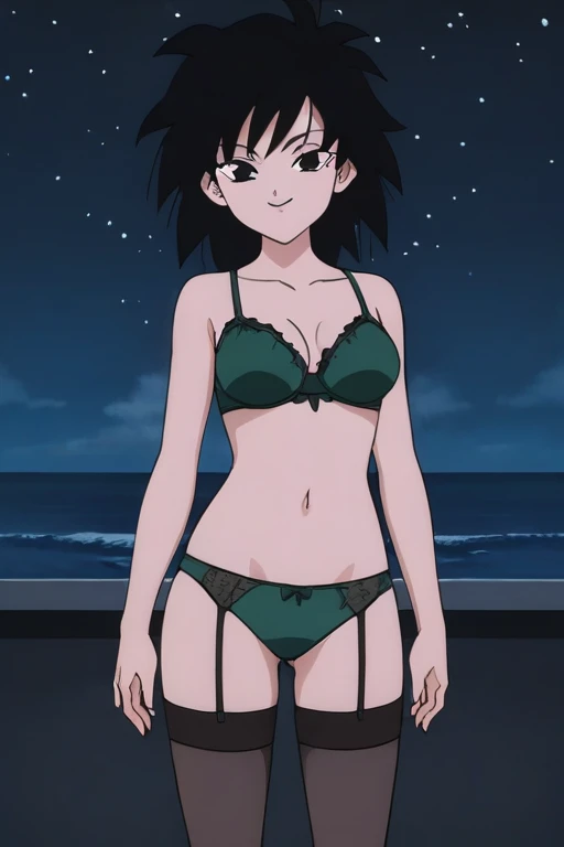SFW, 1Girl, Adult, (slim Omani:1.2) woman, natural small breasts, long black spiky hairstyle, wearing very small thong, beryl jewelry, glowing iris, white eyes, pensive expression, empyreal otherworldly blizzard ambience with wooden bridge background, bizarre spiritual desert ambience with shipyard background, flat colors, cel shading, hard shadows, outlines, vector art, rear view
