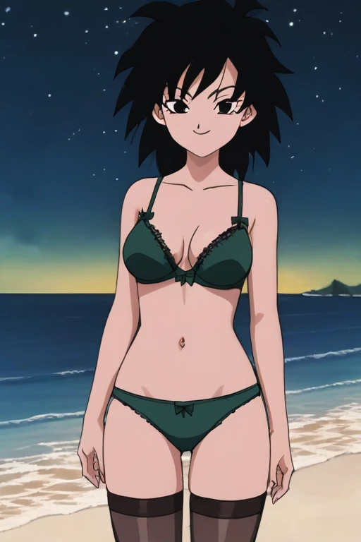 source_anime, score_9,score_8_up, score_7_up, ginedb, anime screencap, 1girl, solo, looking at viewer, smile, medium breasts, black hair, ocean, medium breasts, smile, standing, blue night sky, night, stars, underwear, green top, dark green panty, lengerie, lingerie, mesh stockings, transparent tights