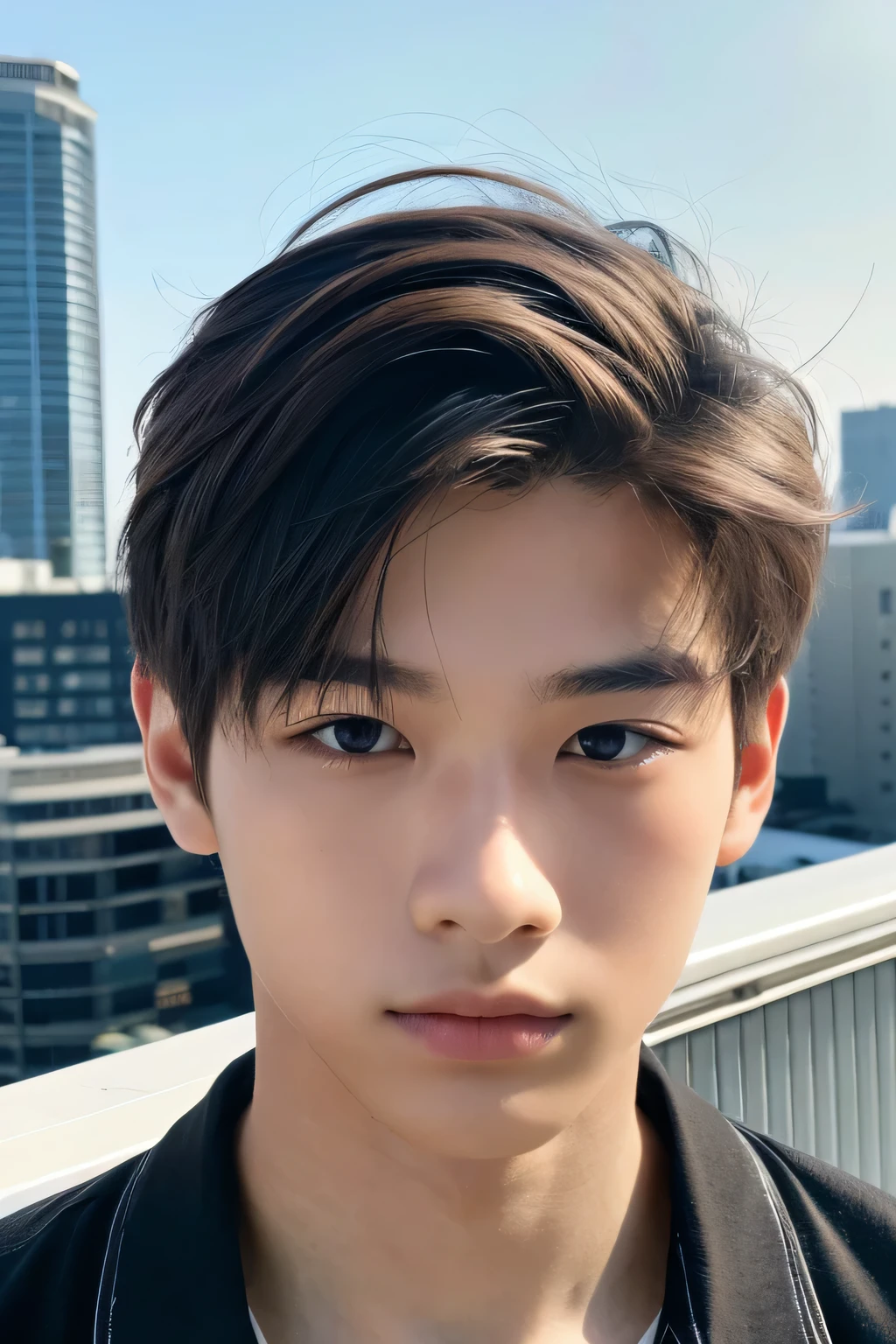 Highest quality, masterpiece, Ultra-high resolution, (Realistic: 1.4), Original photo, wallpaper, Head Photo, skin, Simple Background, Iris, detailed, Selfie, 1 boy, 18-year-old, good looking, Wind,rooftop