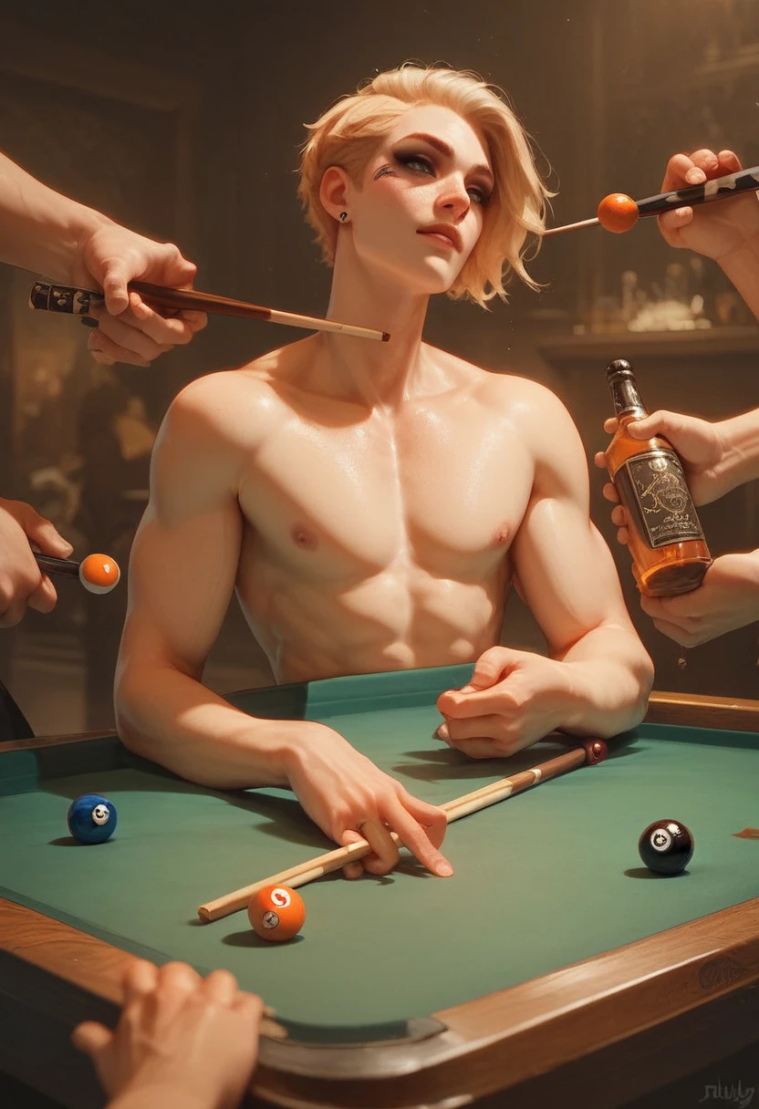 check_9, check_8, check_7_up, Sexy cyborg woman playing billiards, lean over seductively, to sink the ball, while horny butches eagerly watch, dimly lit by diffuse cigar smoke, the air is saturated with alcohol and masculinity, men undress her with their eyes, desperately wanting to take her right on the table, in a twisted way