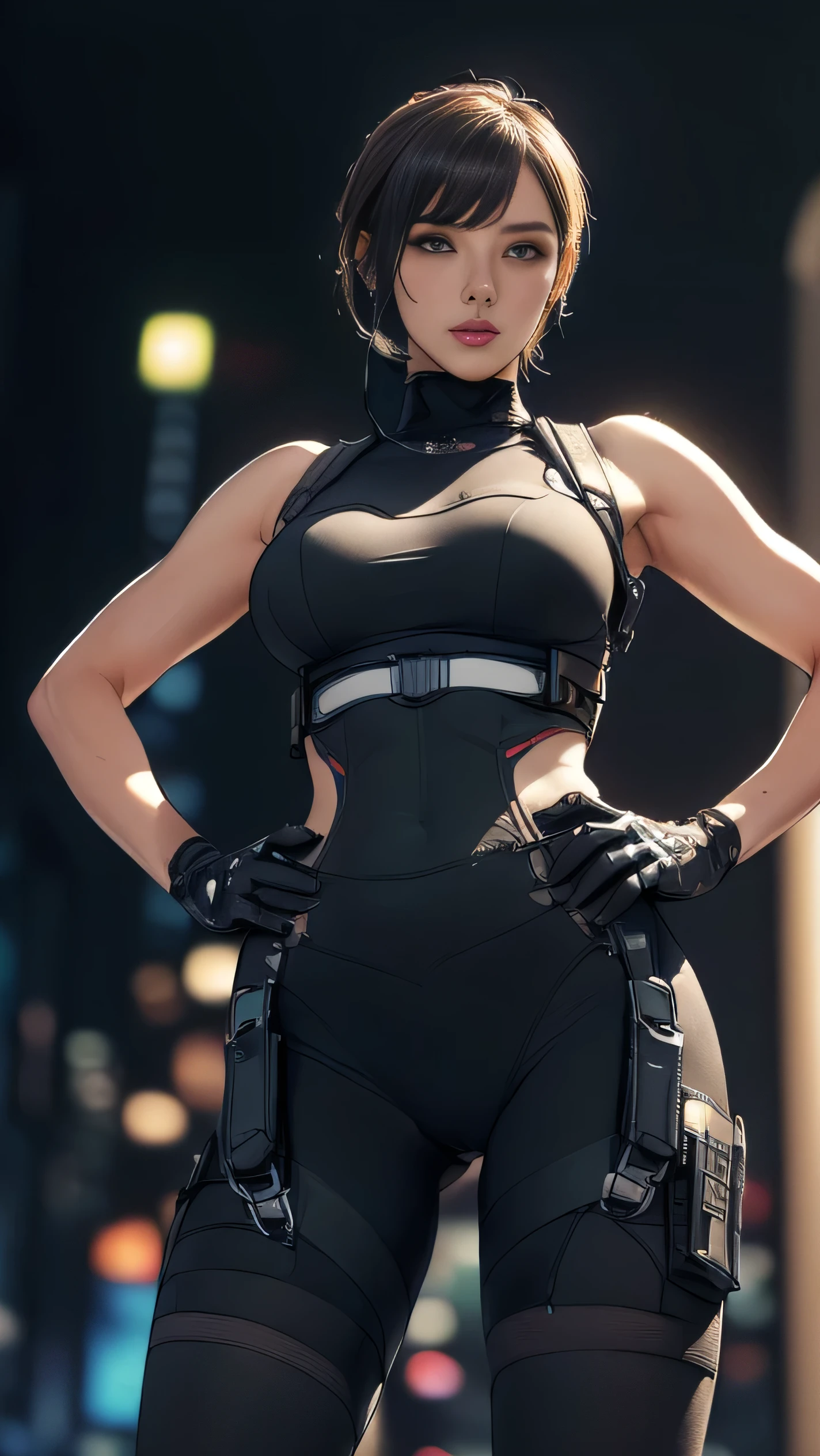 (A woman),(((Future female police officer standing))),((Black tactical tights:1.5)),((Camel toe:1.5)),((earphone:1.5)),((Tactical Holster:1.5)),(Gloves:1.5),(((Hands on Hips:1.5))),(front:1.5),(From below:1.2),(Super short hair:1.5),(bionde:1.5),(beautiful eyes:1.3),(Very detailedな顔:1.5),((Very detailed drawing of a female hand:1.5)),((muscular:1.5)),(Sexy look:1.5),((Thick thighs:1.5)),(Beautiful Body:1.5),((Very sensual:1.5)),(The backdrop is a futuristic city:1.5),(Cyberpunk atmosphere:1.5),(((Blurred Background:1.5))),(Written border depth:1.5),rest(((masterpiece:1.5),(best quality:1.5),(Very detailed:1.5),(high resolution:1.5),(Practical:1.5),(Practical:1.5),(Delicate depiction),(Carefully drawn))),8k,wallpaper
