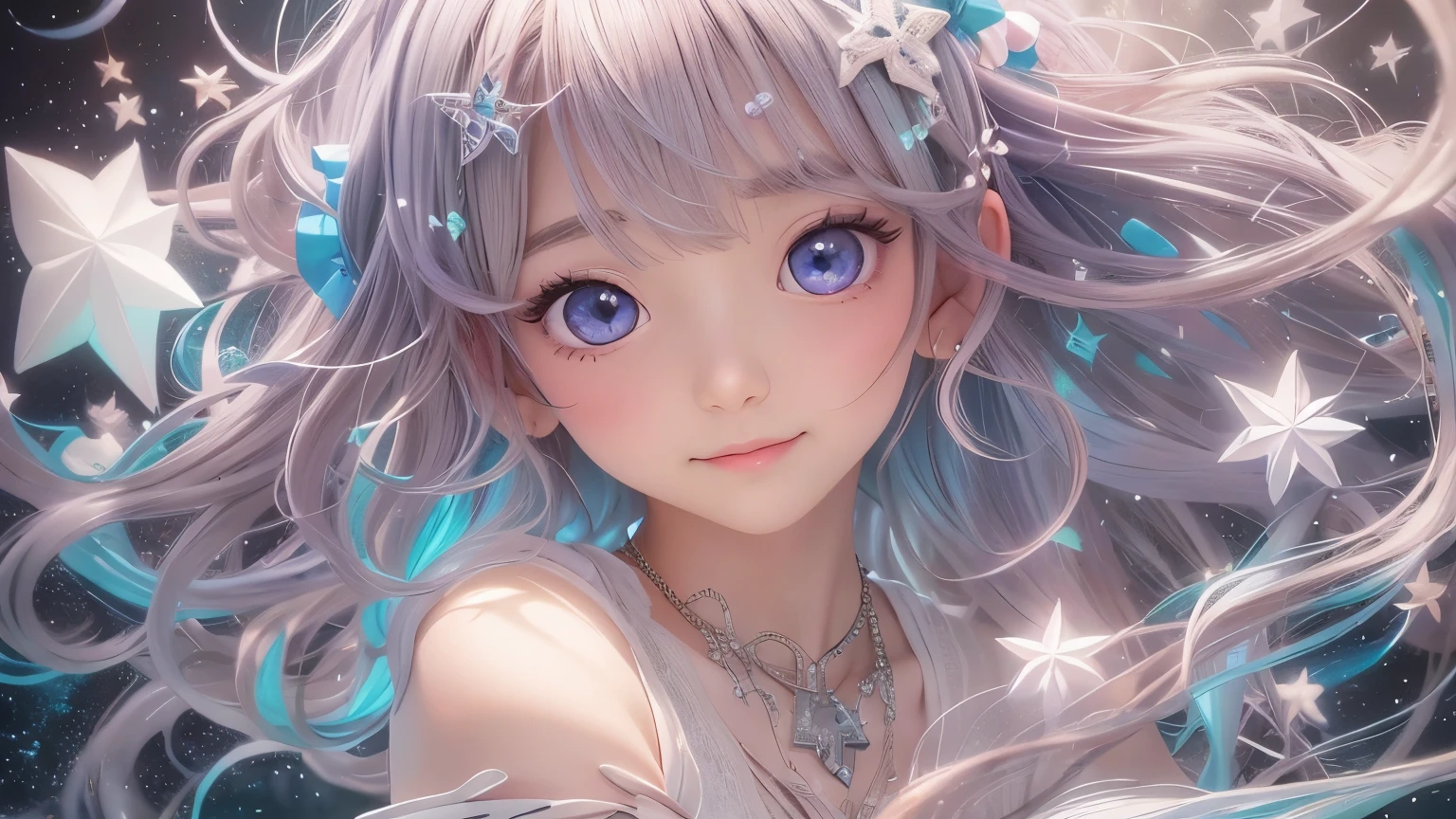 photograph、water、８age、high resolution、quality、Real masterpieces, Highest quality, Highly detailed shape,1 Girl,alone, Image body, flower, Looking at the audience、 Purple eyes, Jewel-like eyes, Very beautiful eyes, Highly detailed face、universe (null), constellation, Purple Energy、 meteor、Shiny, straight, long hair down to the waist, Beautiful shiny bangs、16ｋ、24ｋ、Sensual smile、