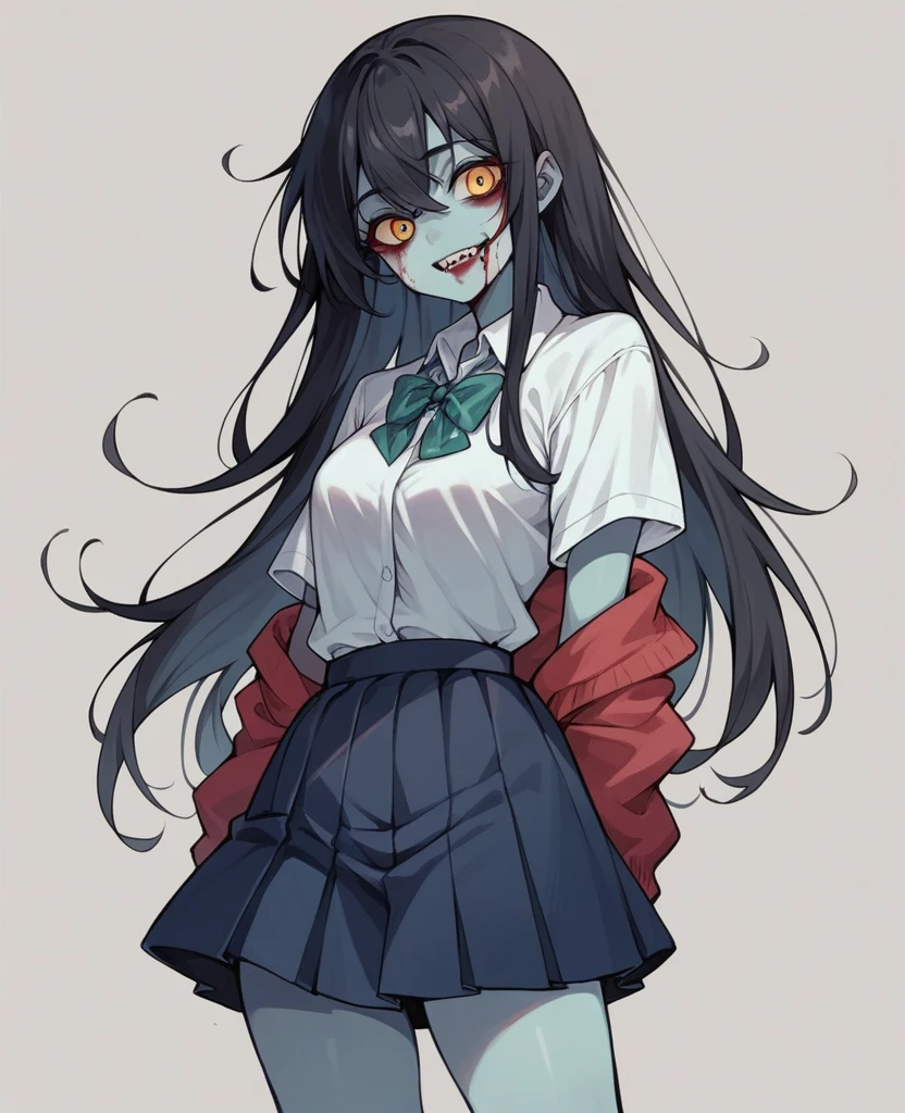 zombie girl,with Japanese school shirt,Japanese school skirt, long black hair,full of blood