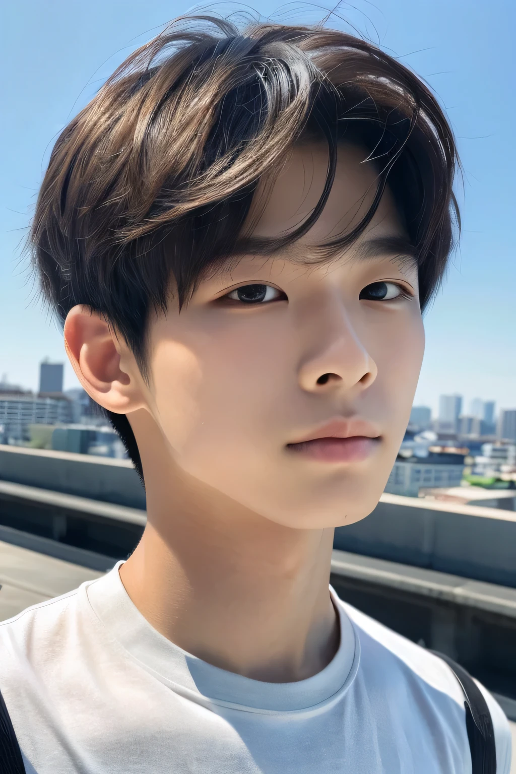 Highest quality, masterpiece, Ultra-high resolution, (Realistic: 1.4), Original photo, wallpaper, Head Photo, skin, Simple Background, Iris, detailed, Selfie, 1 boy, 18-year-old, good looking, Wind,rooftop