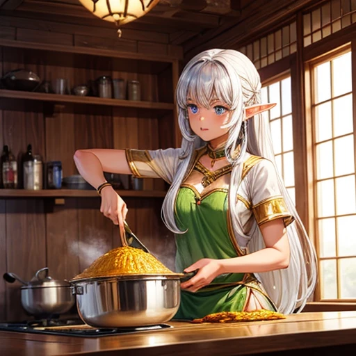 Making curry at a fantasy curry restaurant Brown skinned elf Silver long hair