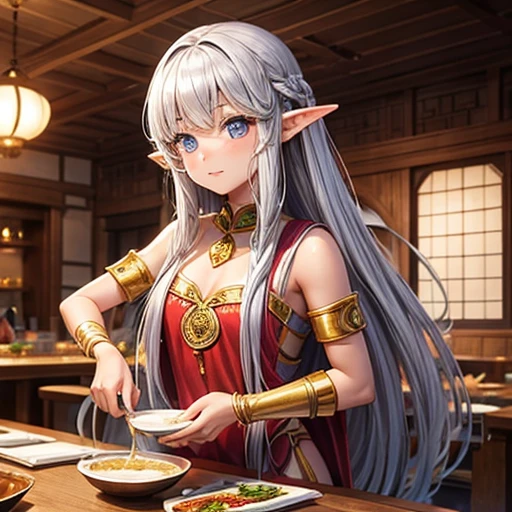 Making curry at a fantasy curry restaurant　Brown skinned elf　Silver long hair