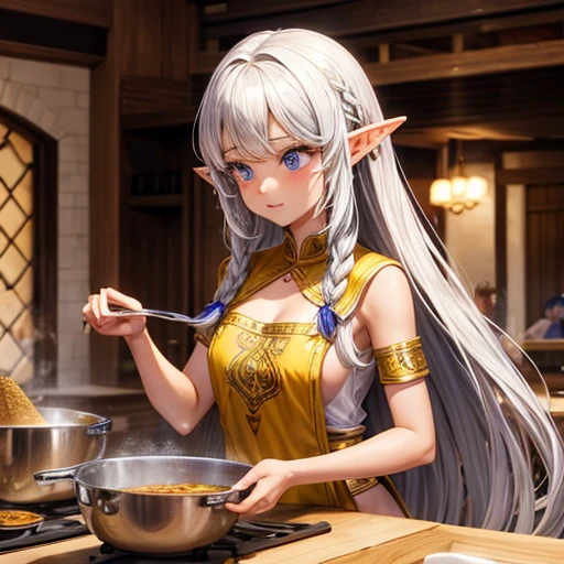 (safe for work, nipples covered, no nudity) (A sinuous lovely elf woman, lovely, perfect face, ankle length straight hair, small perky breasts, small butt, wispy translucent clothing), in an immaculately clean magical fantasy kitchen, preparing an intricate meal using magic and extremely delicate tools