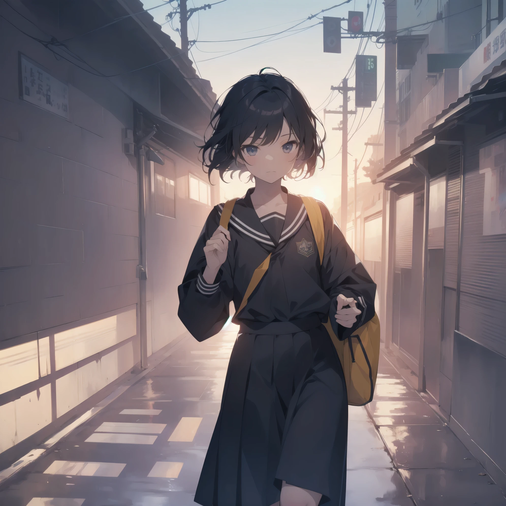 ultra-absurdres-Top quality by artist God, ultra-detailed, high resolution, anime moe artstyle, best anime 8k konachan wallpaper, pixiv contest winner, pool:2810, perfect anatomy,break, 1girl, (Please draw a girl walking sleepily to school alone. )break,(Solo,little female, -yeld:1.Full limbs, complete fingers,a junior hihort hair), short cut, flat chest, , small butt, small black eyes, beautiful detailed eyes, well-proportioned iris and pupils, expressive eyes, highres detailed hair, soft expression, salor school_uniform, sailor collar, serahuku, bow, pleated skirt,(Detailed Lighting), (Detailed background), in the School commute route. break,super detailed skin, Best cinematic lighting powered by famous artist, 8k,beauty illustration,photoshop_(medium),very aesthetic,break,((artist:kotorai )), artist:clamp ,artist:carnelian ,artist:kantoku ,
