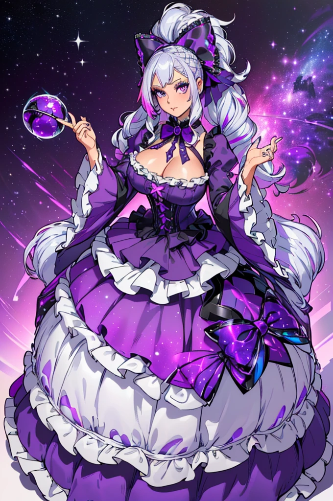 (masterpiece, best quality, high resolution,((huge breasts)) (random hairstyles, platinum hair with galaxy purple tips, sparkly hair, multicolor hair, galaxy color inner hair, long hair), amethyst eyes, smoky eye makeup, ((Victorian dress with all the details, wide sleeves, galaxy purple trim, bows, ruffles, ball gown)),,((white background,)), ((full body standing)),,
