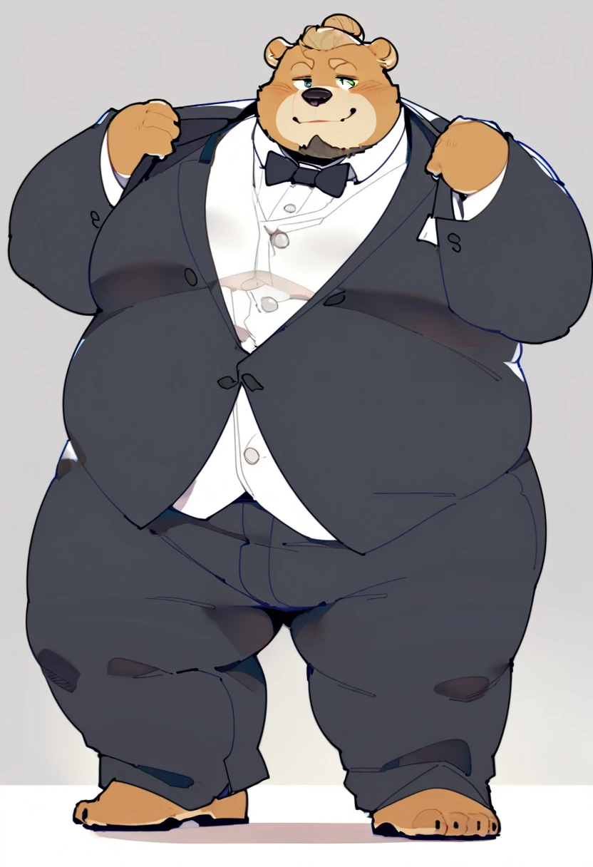 bear,male,have hair,bun hairstyle,with beard,Wear a suit and be elegant,solo,anthro,fat,chubby,plump,yaoi,doujin,fullbody,white blank background,by quanjiang,