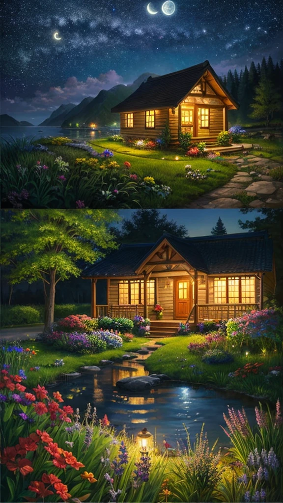 Highest quality、Landscape painting、nature、night景、night、moon、Starry Sky、Beautiful light、flower、I see a small house