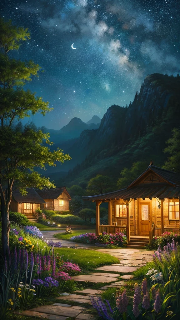Highest quality、Landscape painting、nature、night景、night、moon、Starry Sky、Beautiful light、flower、I see a small house